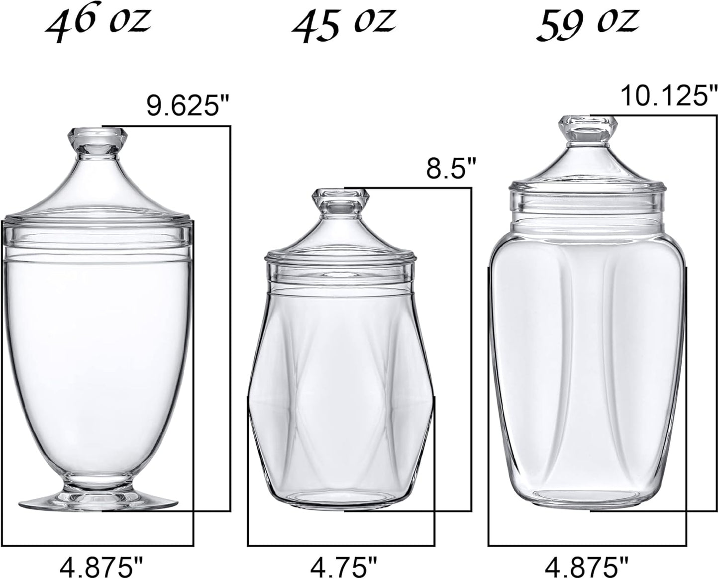 Amazing Abby - Enchant - Plastic Apothecary Jars (3-Piece Set, 46/45/59 oz), Acrylic Jars with Lids, Bathroom Canisters, Candy Buffet, Wedding Display, BPA-Free and Shatter-Proof (NOT Glass)