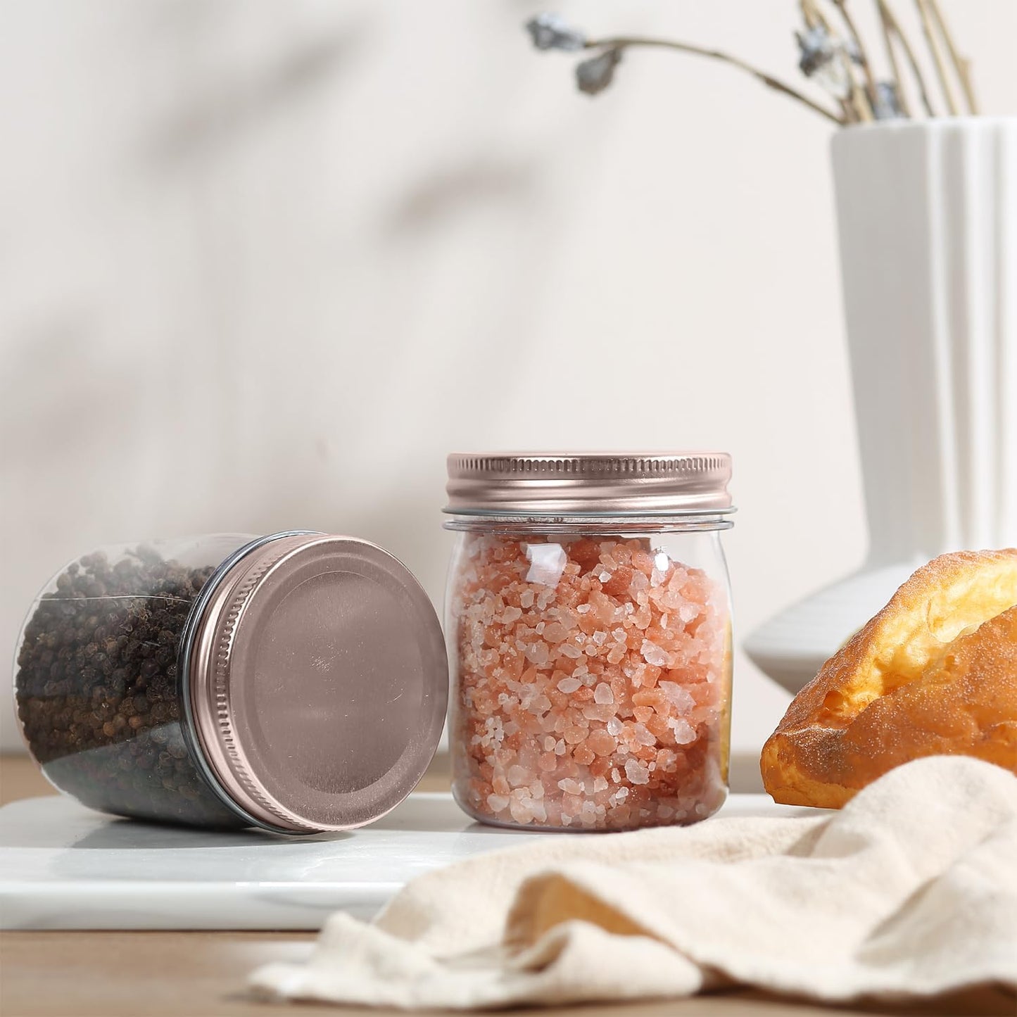 novelinks 8 oz Clear Plastic Jars with Screw-On Lids - BPA-Free Refillable Storage Containers for Slime, Spices, Crafts, Kitchen & Home Organization (16 Pack,Rose Gold)