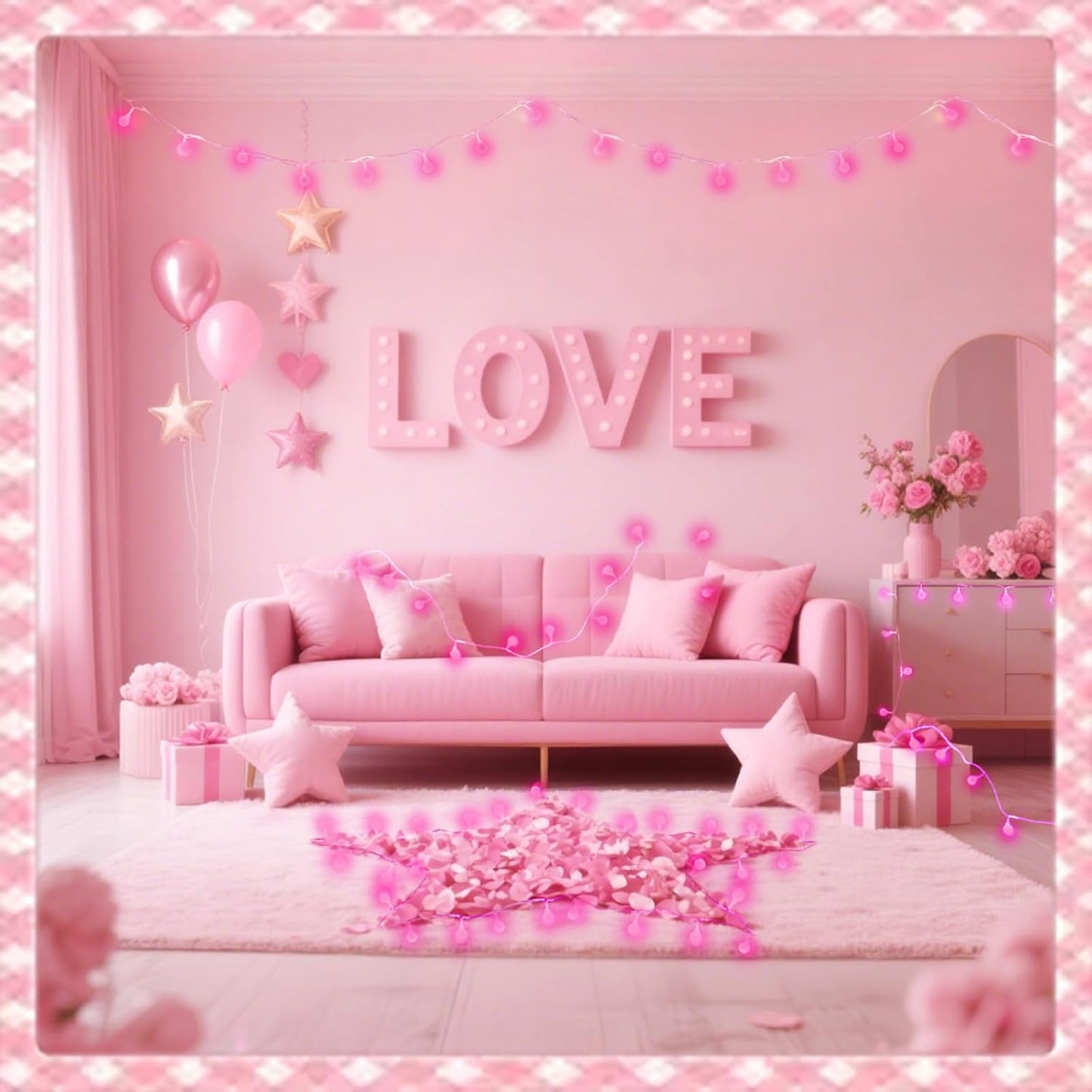 100LED Pink String Lights Outdoor Indoor for bedroom, 43FT Connectable Globe String Lights with Timer, 13 Modes Fairy Light Plug in Waterproof for Anniversary Valentines Party Christmas Decorations