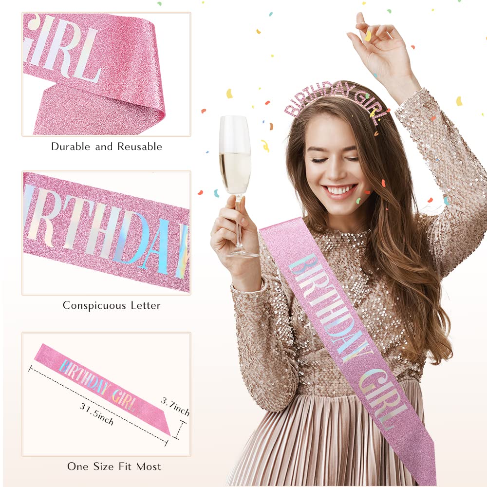PQRUU Glitter Birthday Sash, Tiara and Rhinestone Headband Set - Pink Birthday Accessories for Her