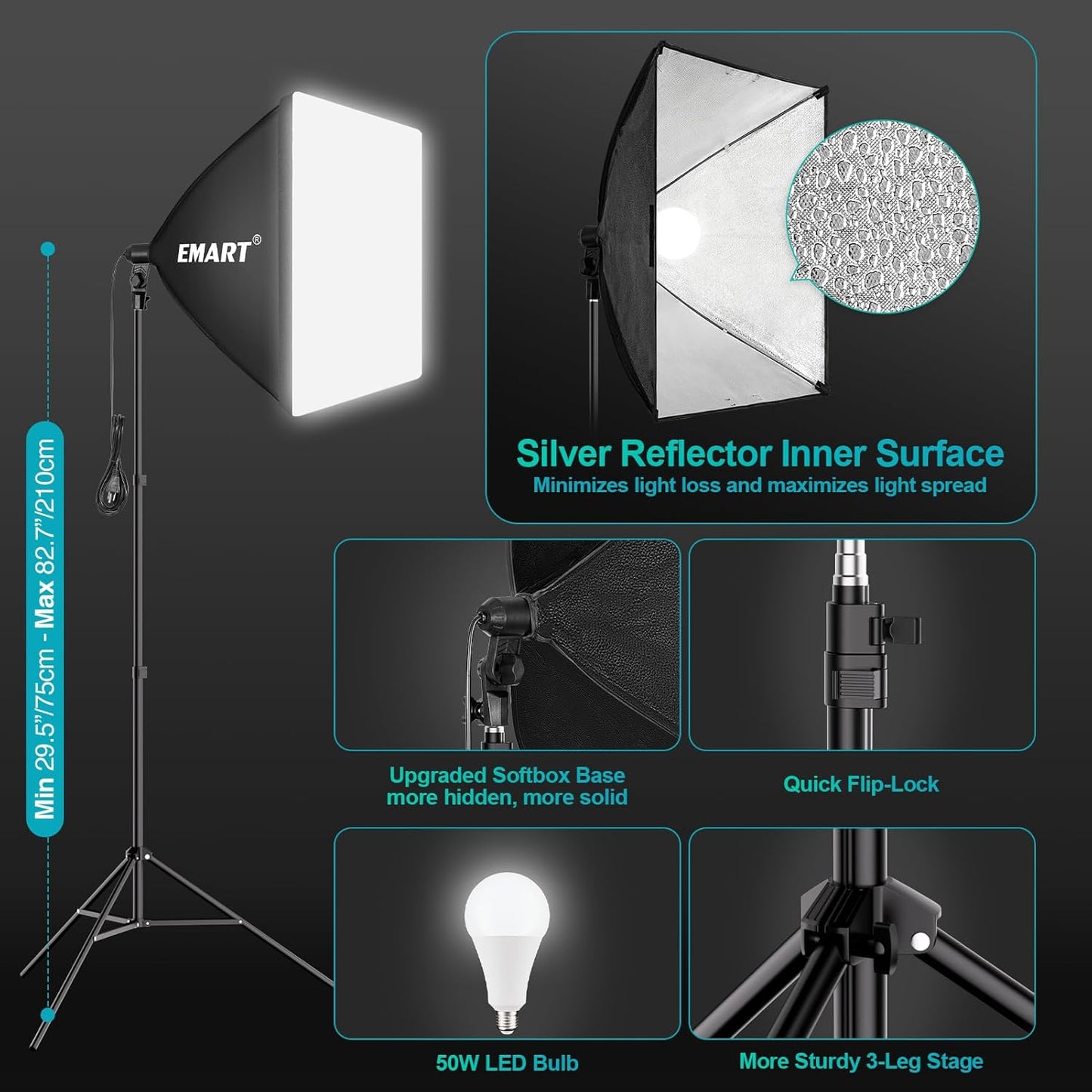 EMART 8.5 x 10 ft Backdrop Support System, Professional Photography Lighting Kit with 50W LED Bulb, Reflector, 6 * 9ft Backdrop *3, Umbrellas&Softbox Lighting Kit for Studio, Portrait, Video Shooting