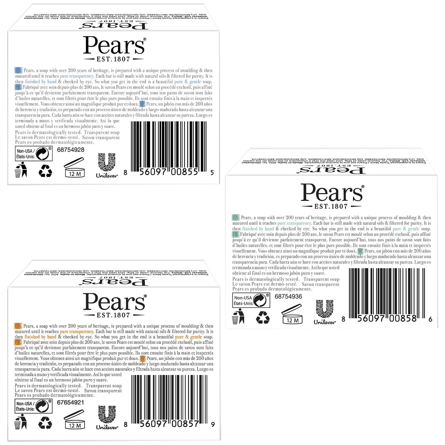 Pears Glycerin Soap Bar Variety 3-Pack, Transparent Green, Blue, and Amber Bars for Soft, Glowing Skin, 3.53 Oz Ea