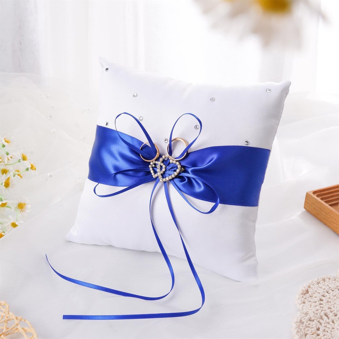 QIRMIZI Ring Pillow,Pearls Ring Cushion, Ring Bearer, Ring Holder for Beach Wedding, Wedding Ceremony, Proposal,Blue, White, R04 (Pack of 1)