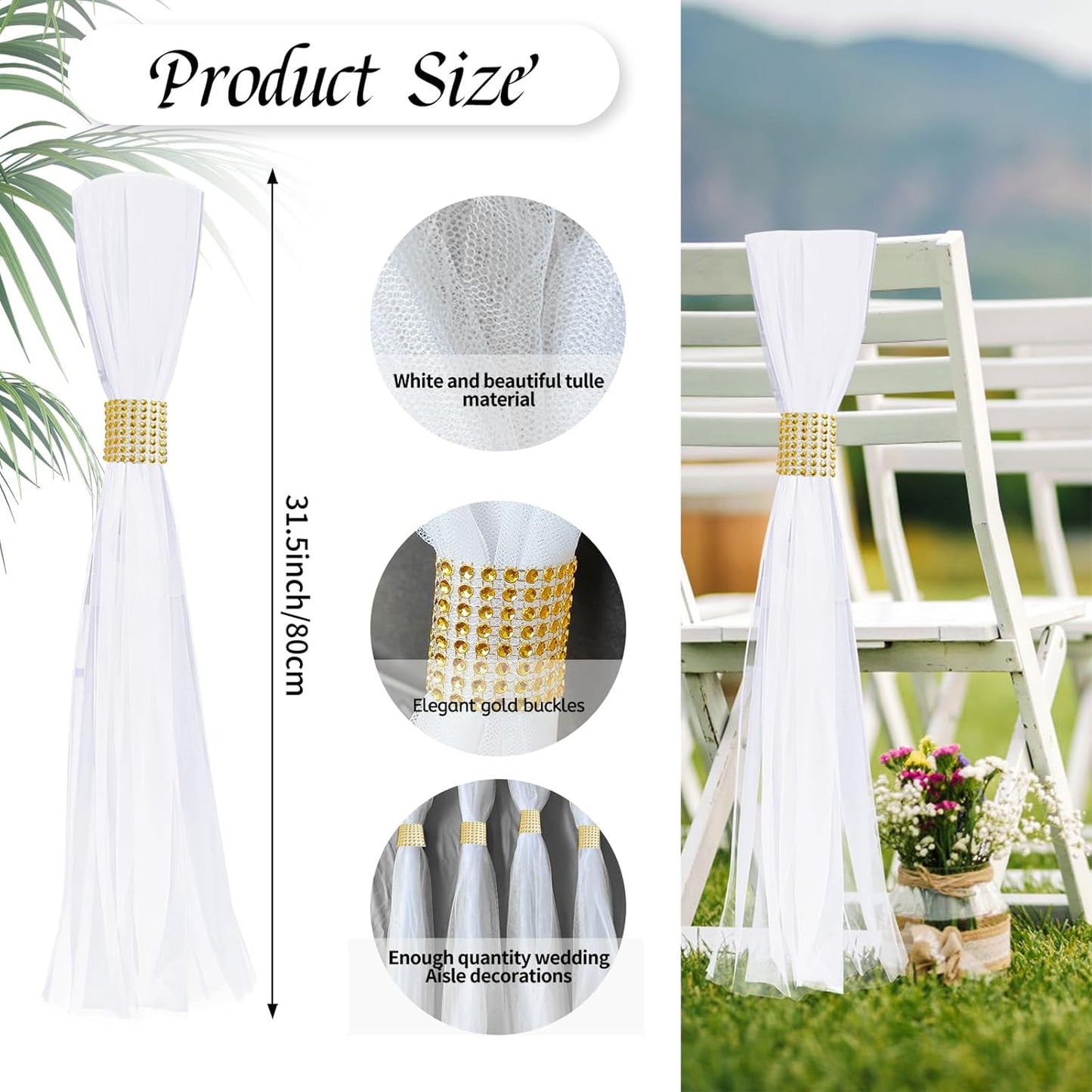 Large White Pew Bows Tulle Wedding Aisle Chair Decorations, Extended Church Pew Decor Aisle Flowers Runner for Weddings Ceremony Outside Decorations (38, Gold Wrap)