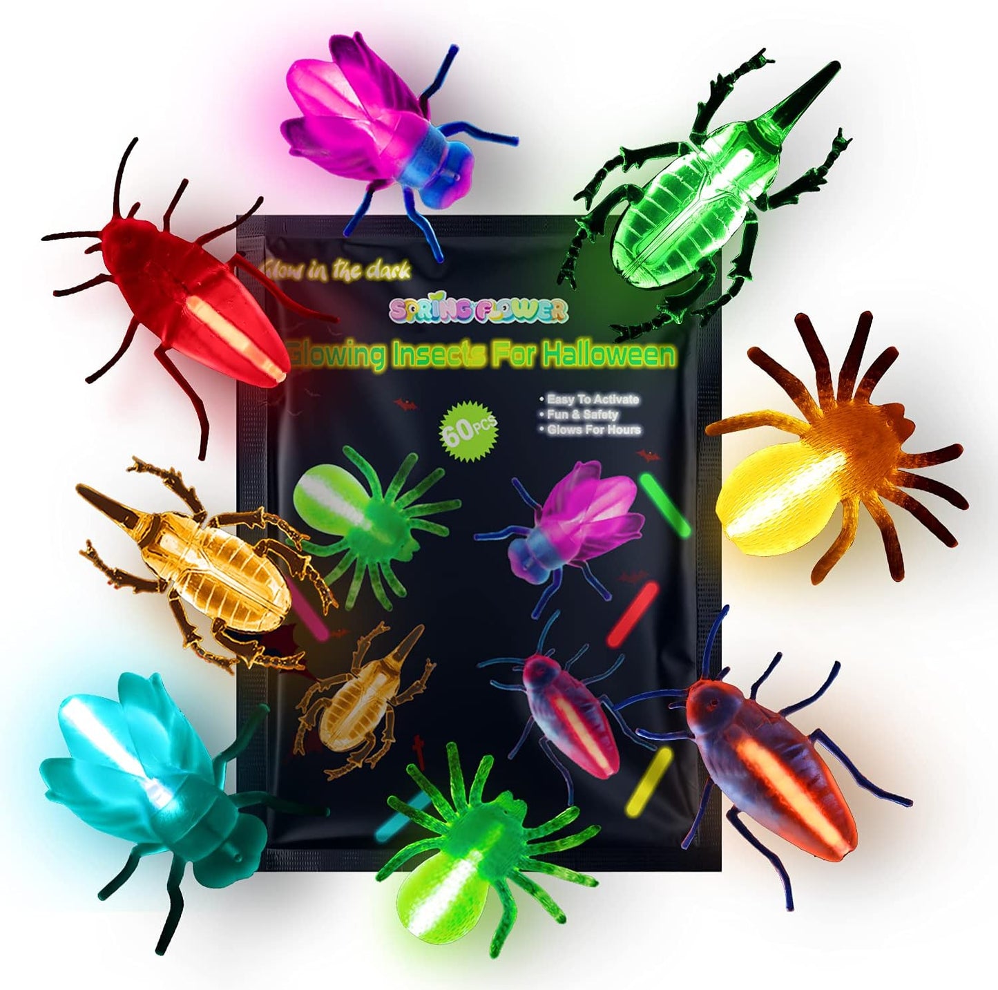 Glow Critters for Halloween Party Favor, Glow in The Dark Toys Set for Kids, School Classroom Game Rewards, Trick or Treating Goodie Supplies, Halloween Miniatures/Prizes,20 Critters 40 Glow Sticks