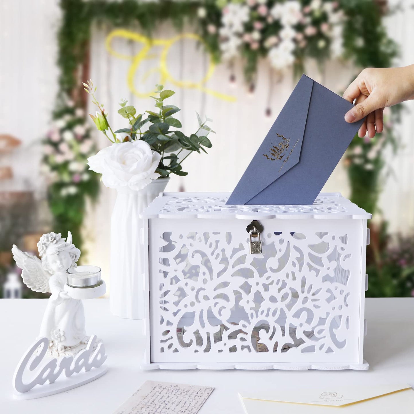 OurWarm White Wedding Card Box with Lock, PVC Gift Card Box for Wedding Decorations for Reception