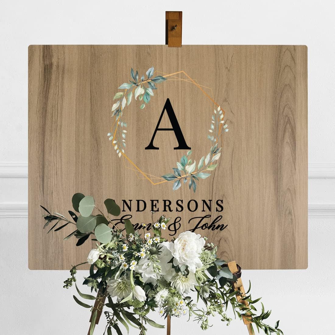 Andaz Press Large Wooden Welcome Sign for Wedding Rustic Welcome Sign 16" x 20" Custom Names & Date Geometric Greenery Fall Wedding Signage English Oak MDF Wood Finish Reception Indoor Outdoor Sign