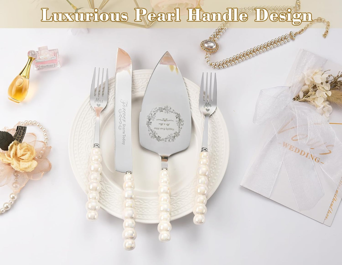 Wedding Cake Knife and Server Set,Ceramic Pearl Handle Cake Cutting Set for Weddings, Engagements, Anniversaries, and Engagement Gifts for Couples