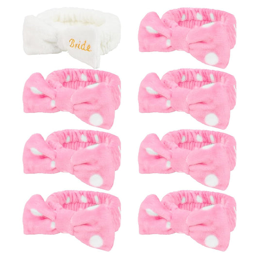 Semato Bachelorette Party Favor Set - Bride & Bridesmaid Spa Headbands with Cute Bows (1 Bride + 7 Pink Dot)
