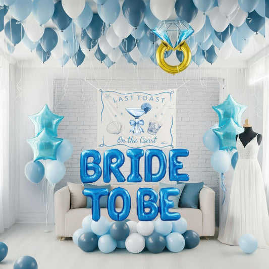 Last Toast on the Coast Bachelorette Decorations Blue bridal shower Blue Balloon Garland Kit with Backdrop BRIDE TO BE letter Diamond Ring balloons for Hen Party Wedding Engagement supplies