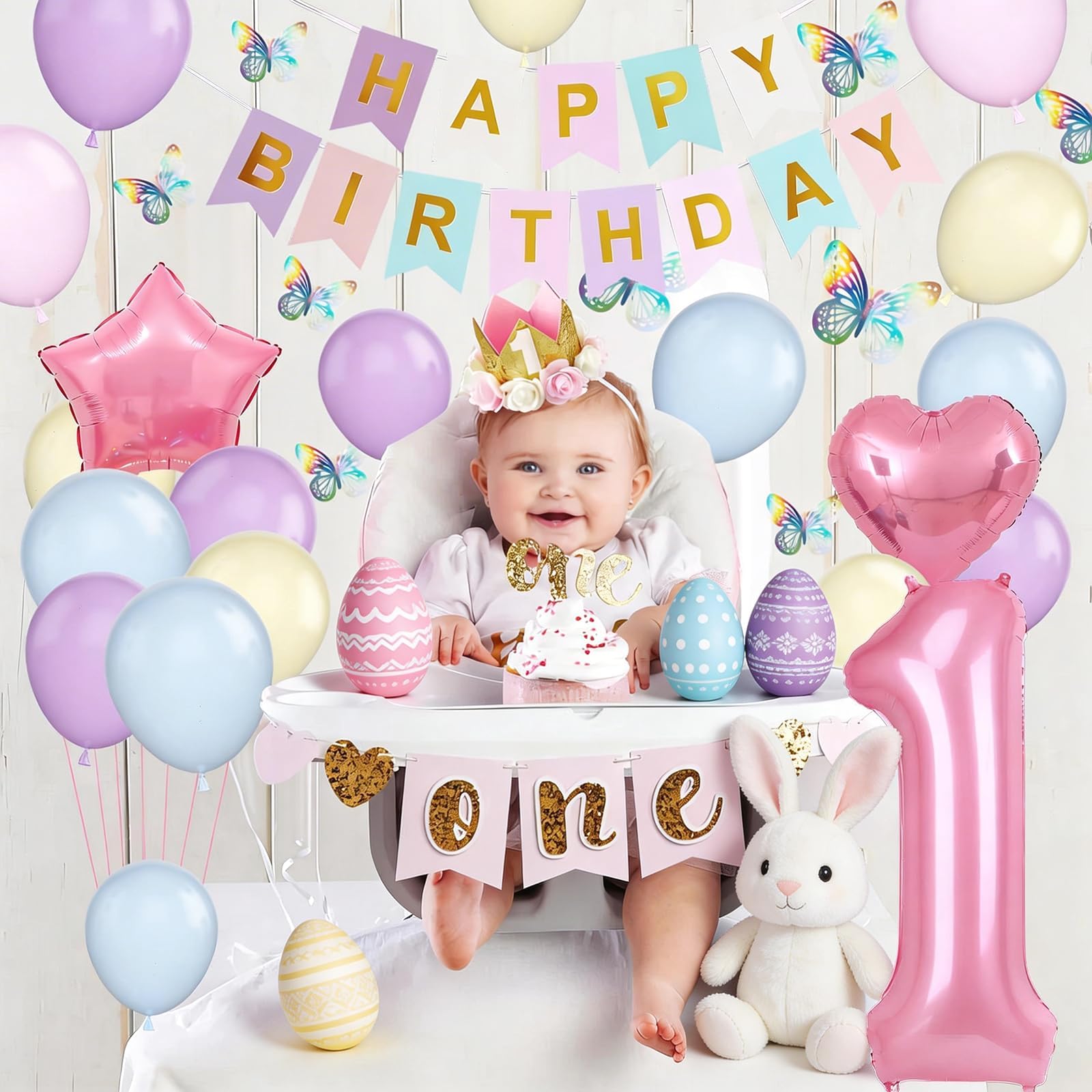 1st Birthday Decoration for Girls, Pastel Macaron 1st Birthday Balloon, Pink Number 1 Balloon with