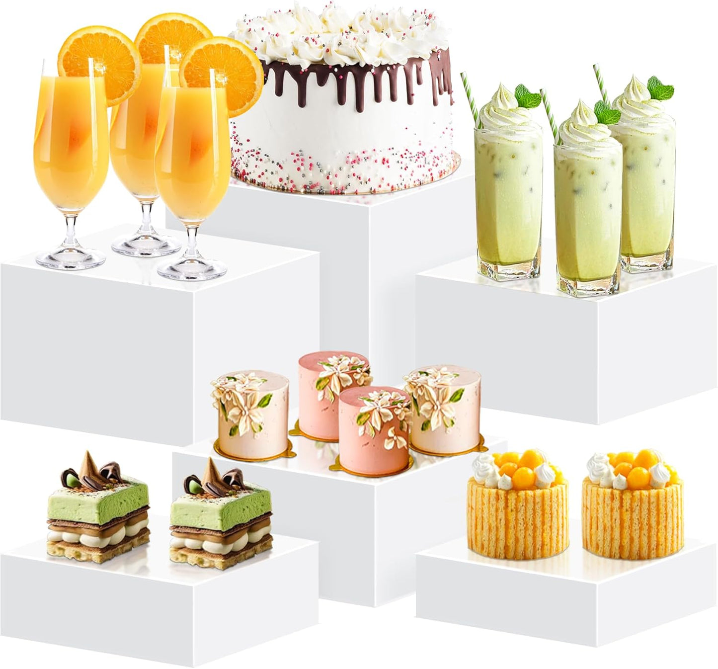 6Pcs Buffet Risers, Food Risers for Buffet Table, Acrylic Cube Display Risers with Hollow Bottom, Food Display Stand for Party Jewelry Dessert Figures (Size 5.5",6",6.5",7",7.5",8")