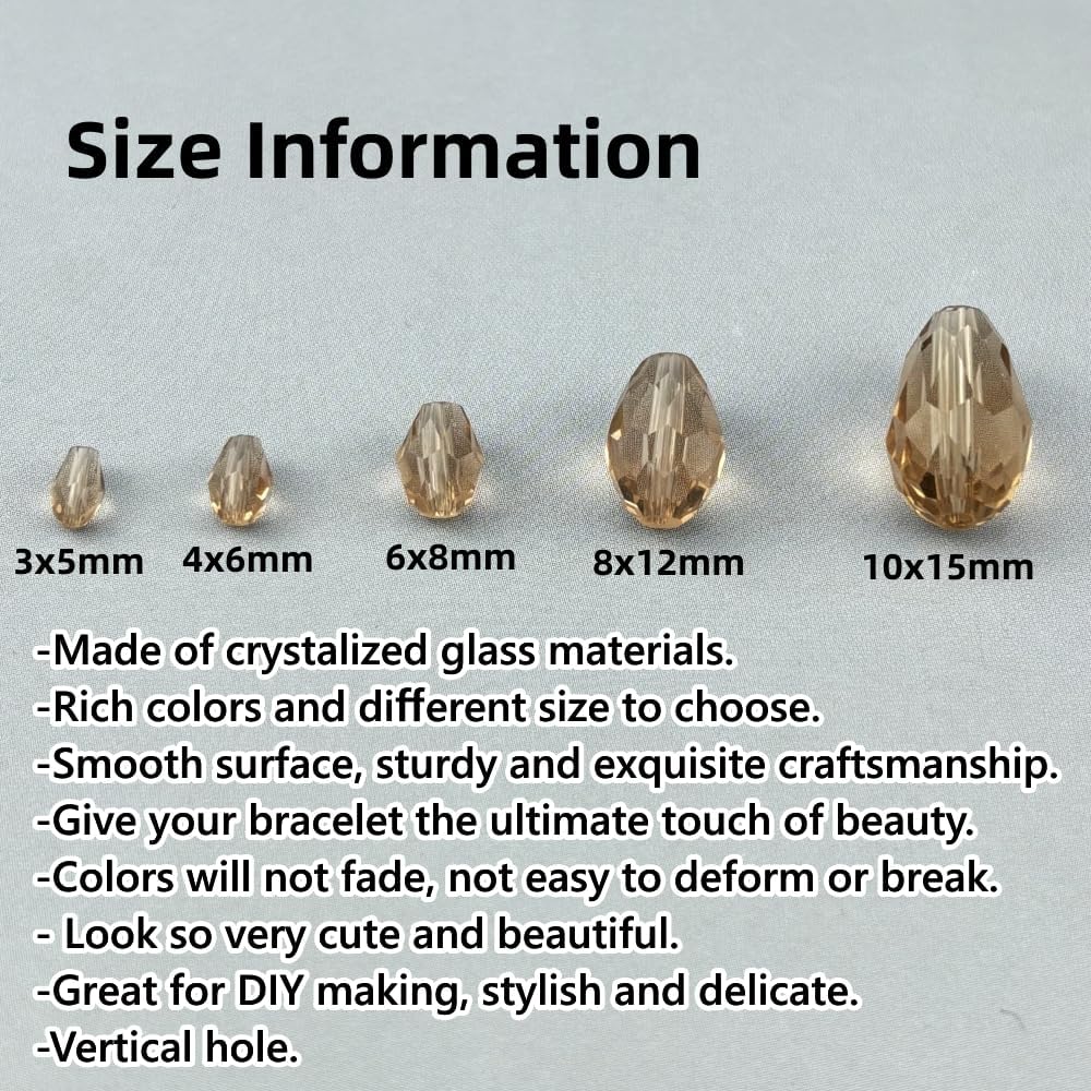 130pcs 6x8mm Teardrop Crystal Glass Beads for Jewelry Making, Faceted Vertical Hole Teardrop Glass Spacer Beads for Wind Chimes Bracelet Earring Necklace DIY Craft(Champagne)