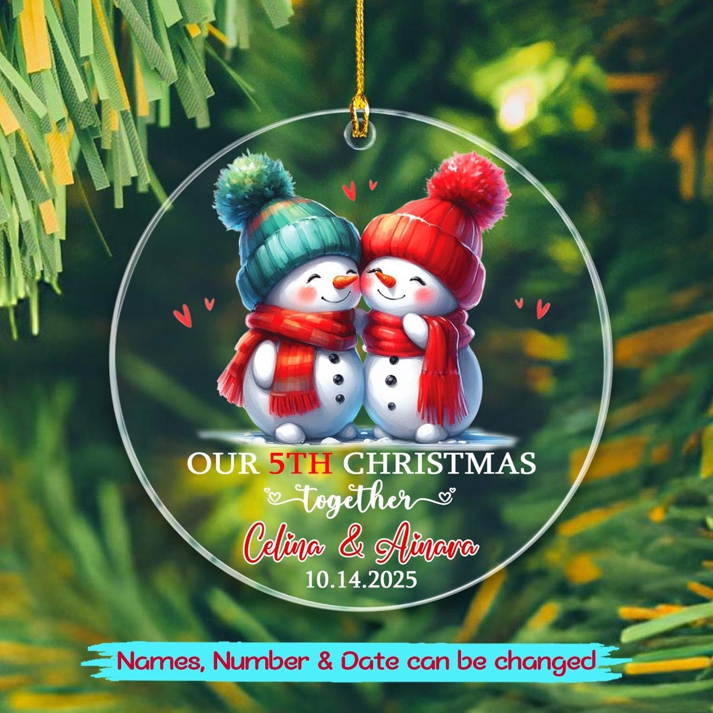 Personalized Our 5TH Christmas Together Ornament, Customized Date & Names Mr & Mrs Snowman Together Keepsake Ornament Gift for Wedding Anniversary, Married Couple Snowman Christmas Ornaments Gifts