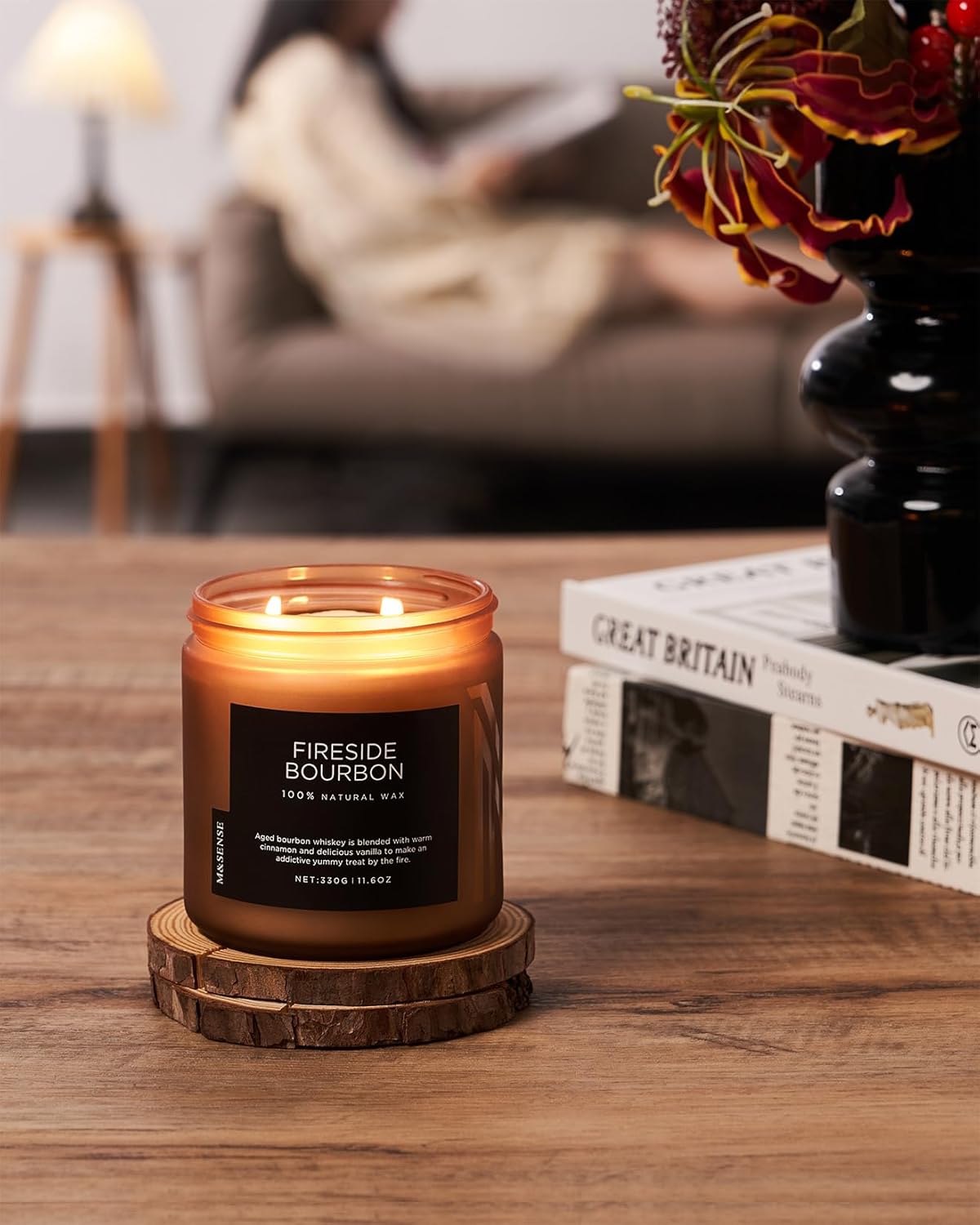 M&SENSE Fireside Bourbon Jar Candle, 11.6oz Clean Soy Wax Up to 70 Hours Burn Time Smoky Scent 2 Wick Cotton Fall Campfire Scented Candle for Home Decor Housewarming Gifts for Bathroom Office