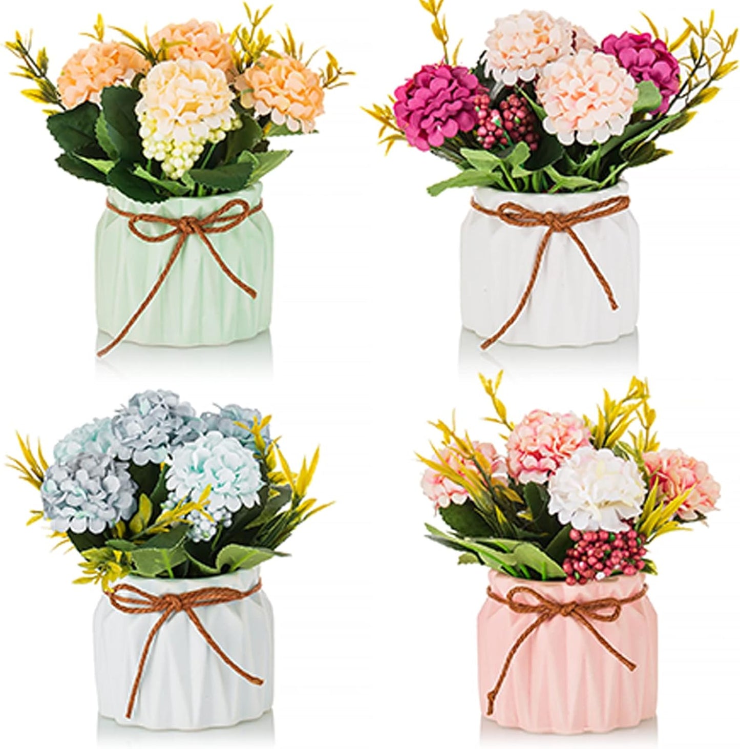 BLOSMON Fake Flowers in Vase for Centerpieces: 4 PCS 5.9 Inch Small Artificial Hydrangea with Vase Table Decor - Faux Floral Arrangements Desk Home Party Bathroom Office Decorations