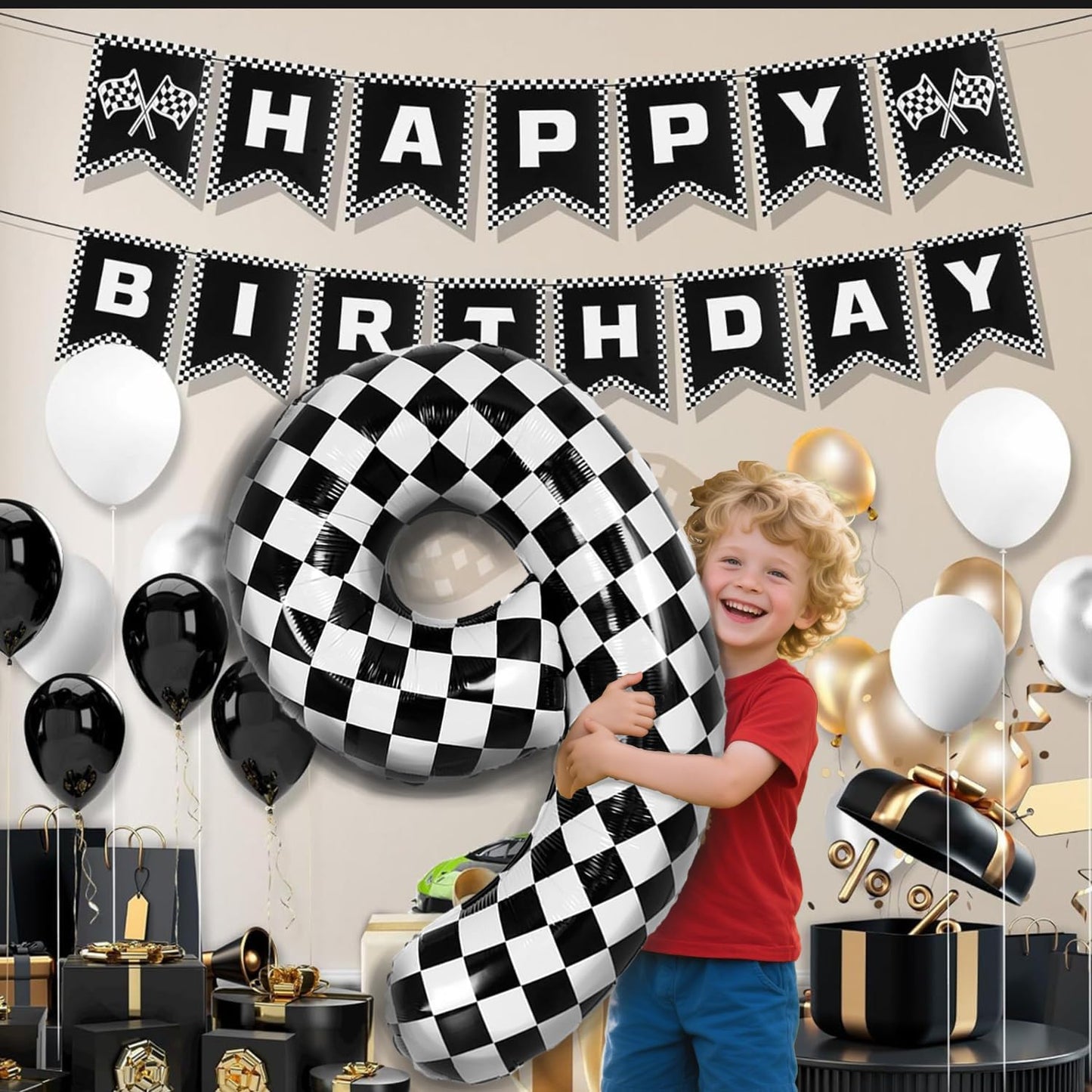 40 Inch Checkered Number Balloon - Race Flag Pattern Big Helium Balloon for Birthday Party Decorations - Black & White Balloon for Kids Adults Party Supplies (Racing Car, Number 9)