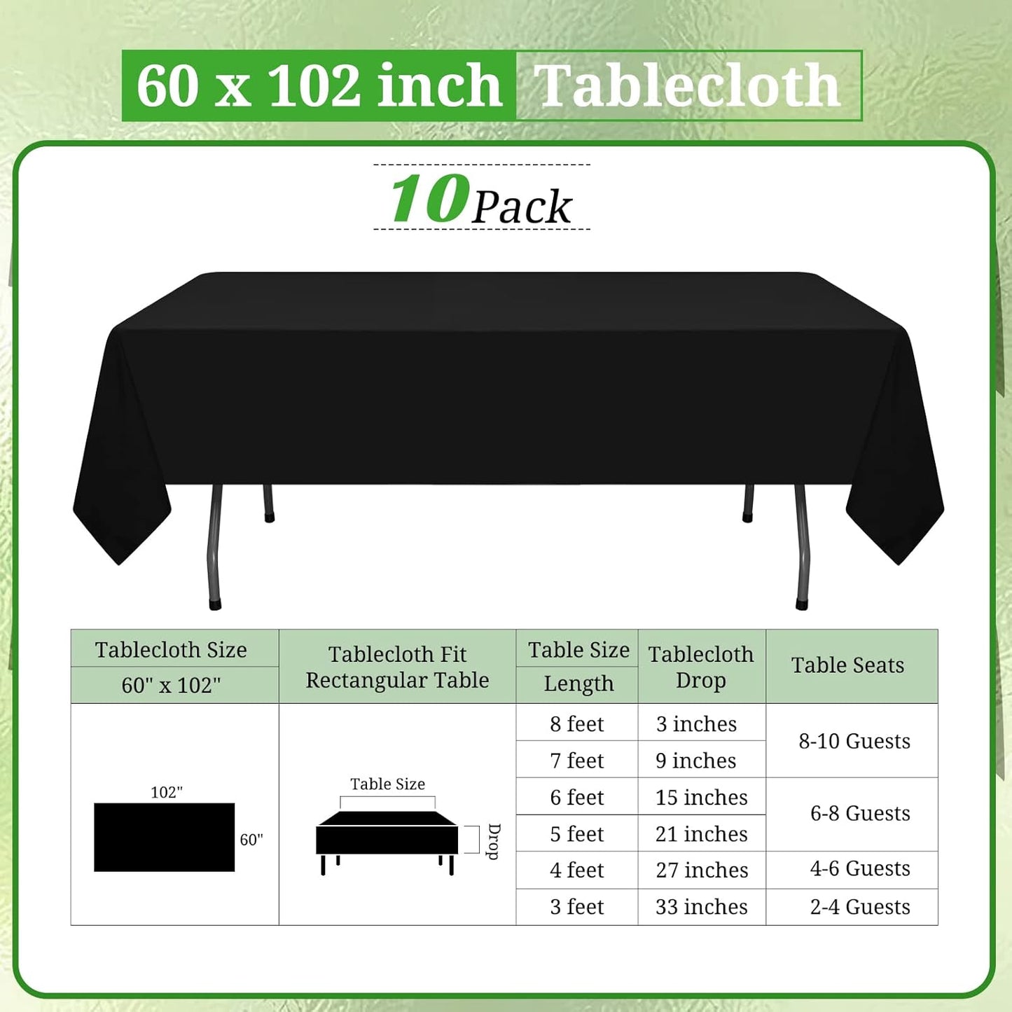 10 Pack Polyester Tablecloth, 60 x 102 Inch Black Polyester Table Cloth for 6 Feet Rectangle Tables, Stain and Wrinkle Resistant Washable Table Cover for Kitchen Wedding Banquet Restaurant Party