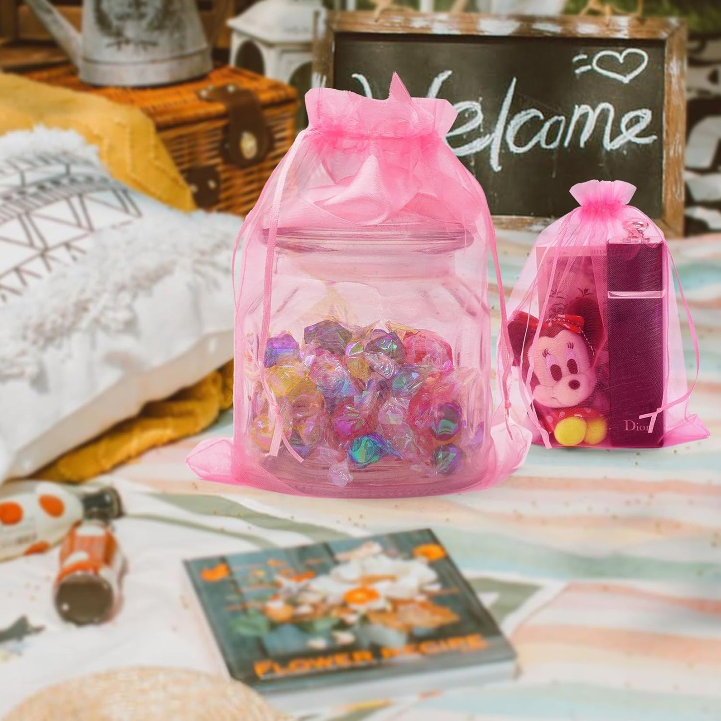 ANZNKU 100 Pack Premium Sheer Organza Bags 6x9 inches Mesh Bags Drawstring, Gift Bag for Party Wedding Christmas, Organza Favor Bag Drawstring(Pink)