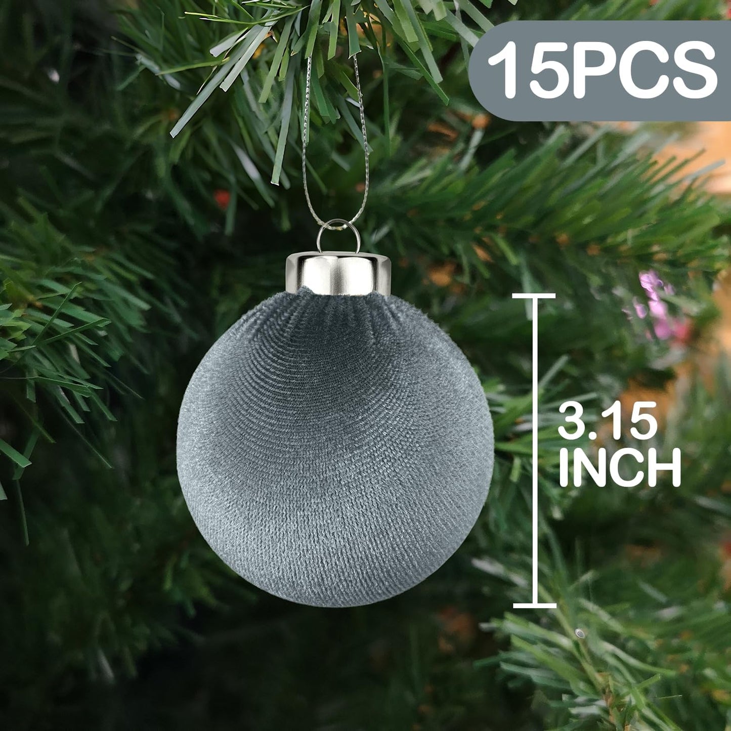 Neutral Velvet Christmas Tree Ornaments Set - Gray Xmas Hanging Baubles 15 PCS, Large Flocked Elegant Christmas Ball Ornaments, Shatterproof Decor for Holiday (Gray, 3.15 Inch)