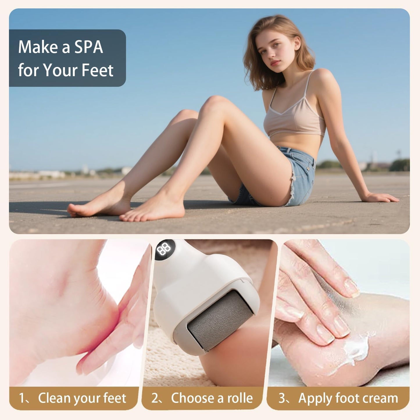 Electric Foot Callus Remover - Rechargeable Pedicure File, Waterproof Foot Scrubber File with 3 Grinding Heads, 3 Speeds - Portable Professional Feet Scraper Pedicure Kit for Cracked Dead Skin