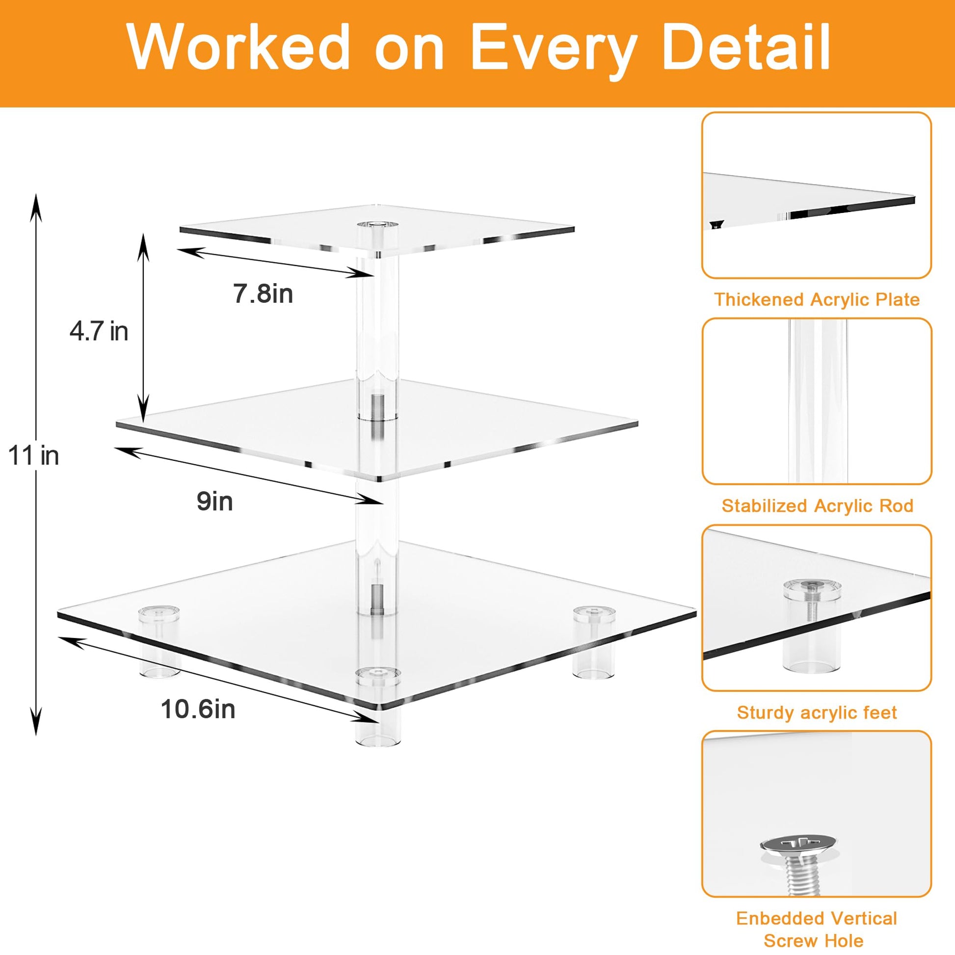 Clear Square Cupcake Stand 3 Tier Acrylic Cupcake Display Tower with Base