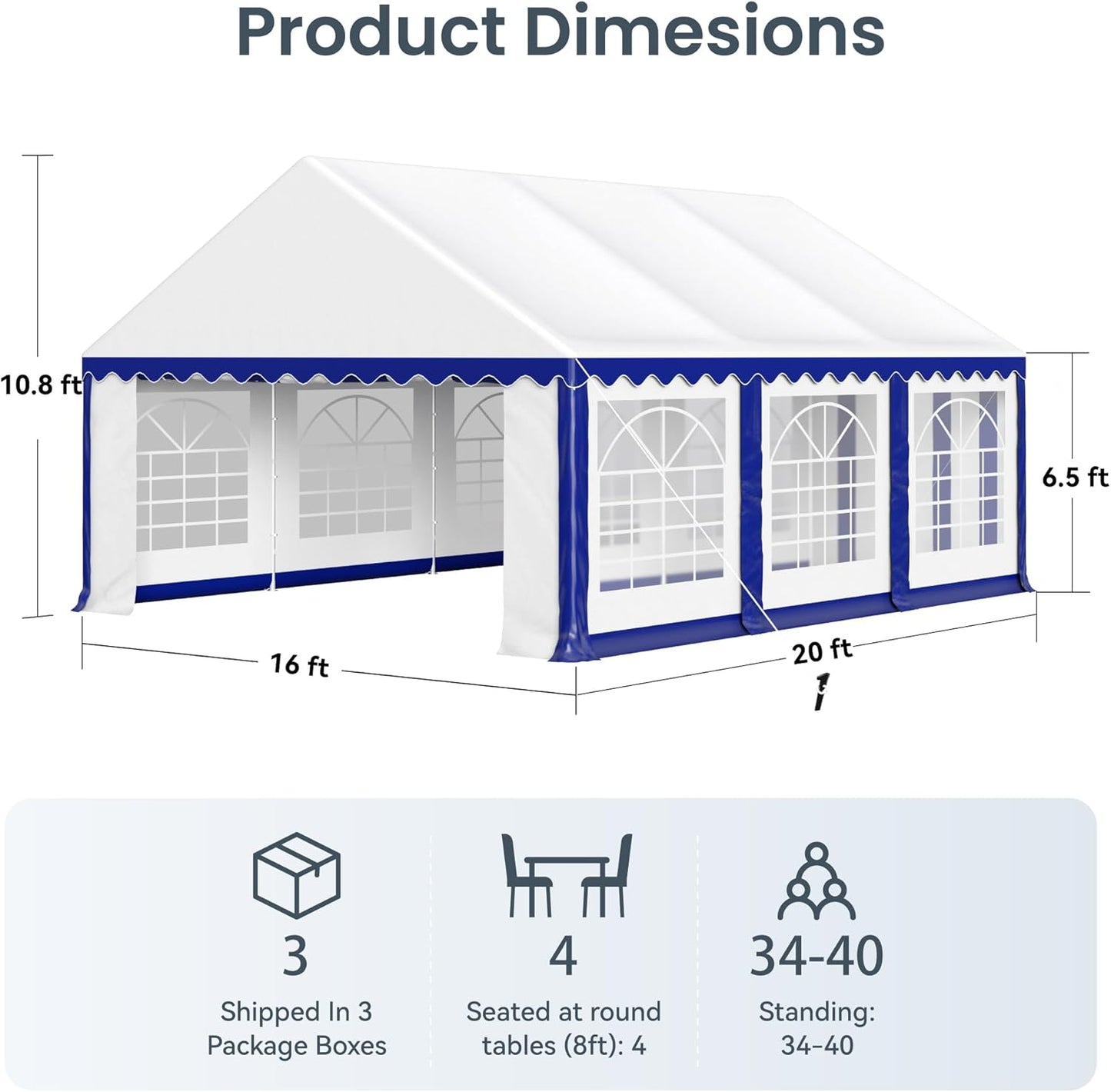PHI VILLA 20'x16' Outdoor Heavy Duty Party Tent Large Commercial Canopy Wedding Event Shelter with Removable Sidewalls & 3 Storage Bags for Patio Outdoor Garden Events, Blue