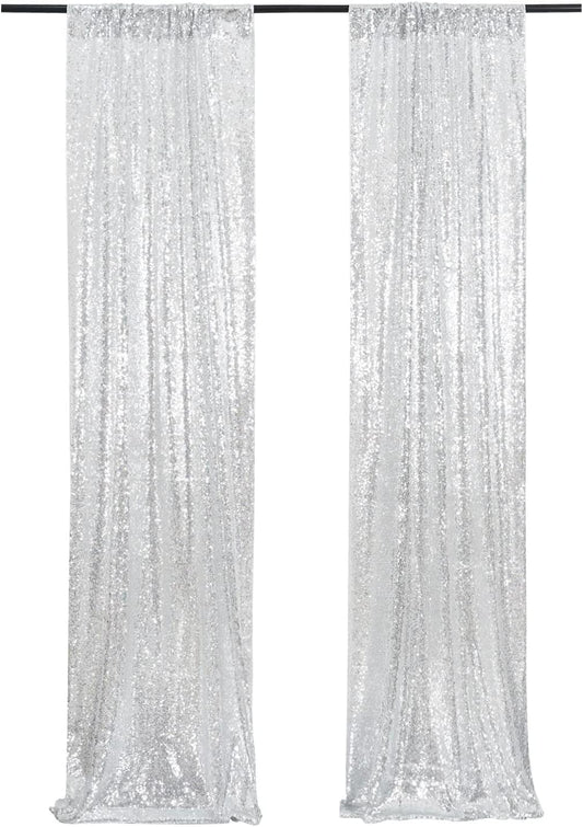 Poise3EHome Silver Sequin Backdrop Curtains,2ft x 8ft Sequin Photography Backdrop Curtain 2 Panels for Party Decoration