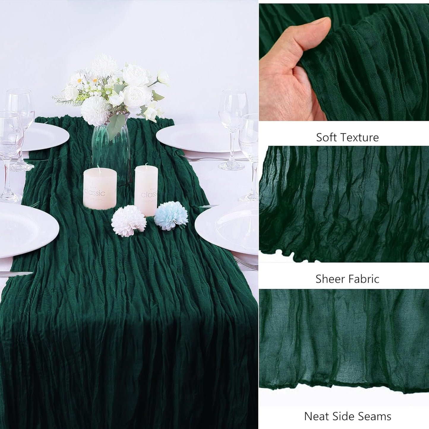 Emerald Green Cheesecloth Table Runner - 10FT x 35Inch Boho Gauze - 16PCS - Rustic Sheer Table Decor for Wedding, Party, Baby, Bridal Shower