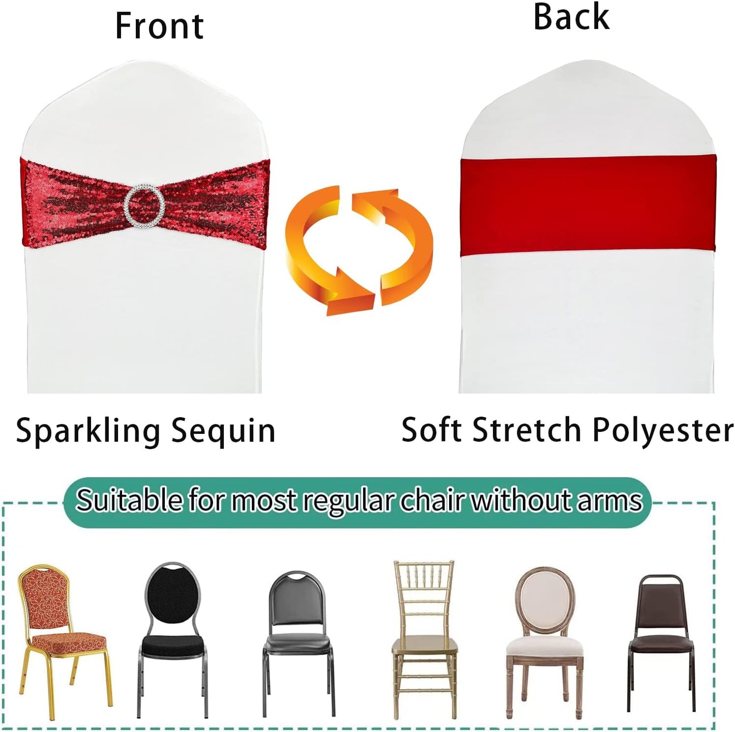 Sequin Chair Sashes Stretch Chair Bands Spandex Polyester Bows for Party Hotel Wedding Banquets Decoration - 6 Pcs Red