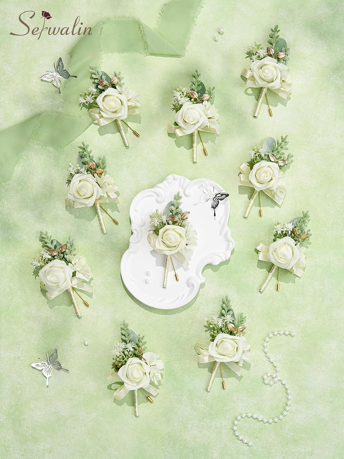 Serwalin 10Pcs Boutonniere for Men, White Groom and Best Man Boutonniere, Artificial Flowers for Wedding Decor/Prom/Homecoming/Ceremony Anniversary/Formal Dinner Party