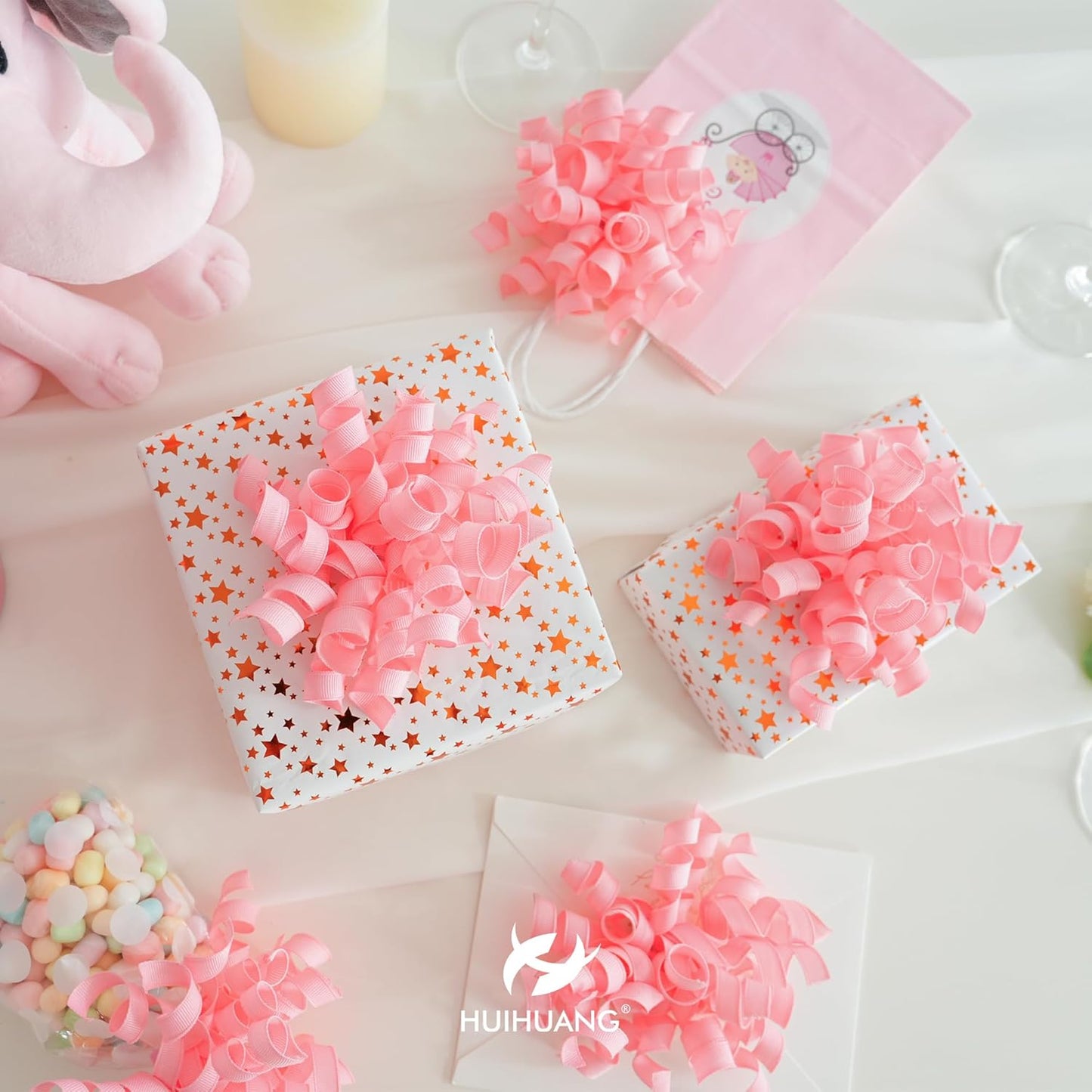 HUIHUANG Pink Bows for Gift Wrapping, Pink Curly Ribbon Bows Self Adhesive Burst Gift Bow for Presents, Wine Bottle, Treat Bags, Wrap Accessories, Bridal Shower Wedding Party Favor - 6 Counts