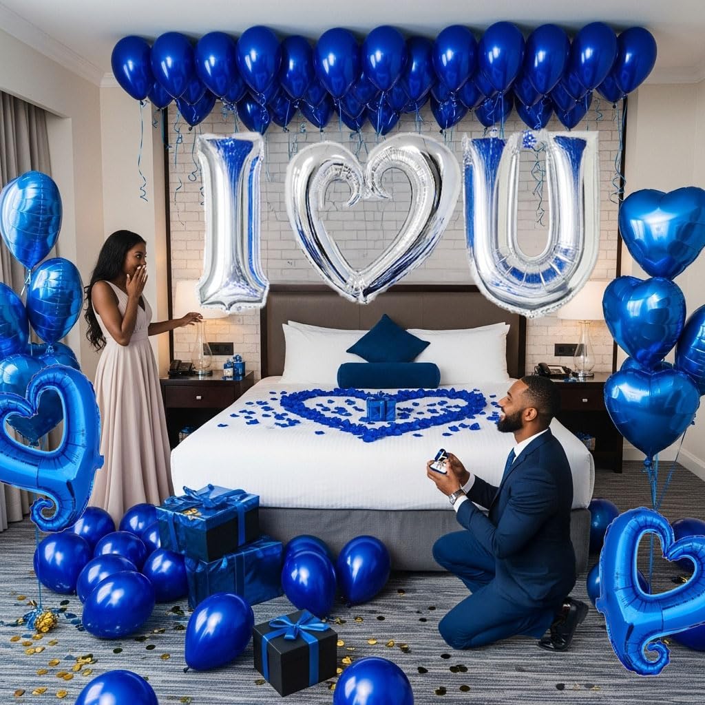 I Love You Balloons for Him/Her Balloons Royal Blue Sliver romantic balloon kit with blue heart mylar balloons blue rose petals for hotel Decorations Valentines Party wedding anniversary supplies