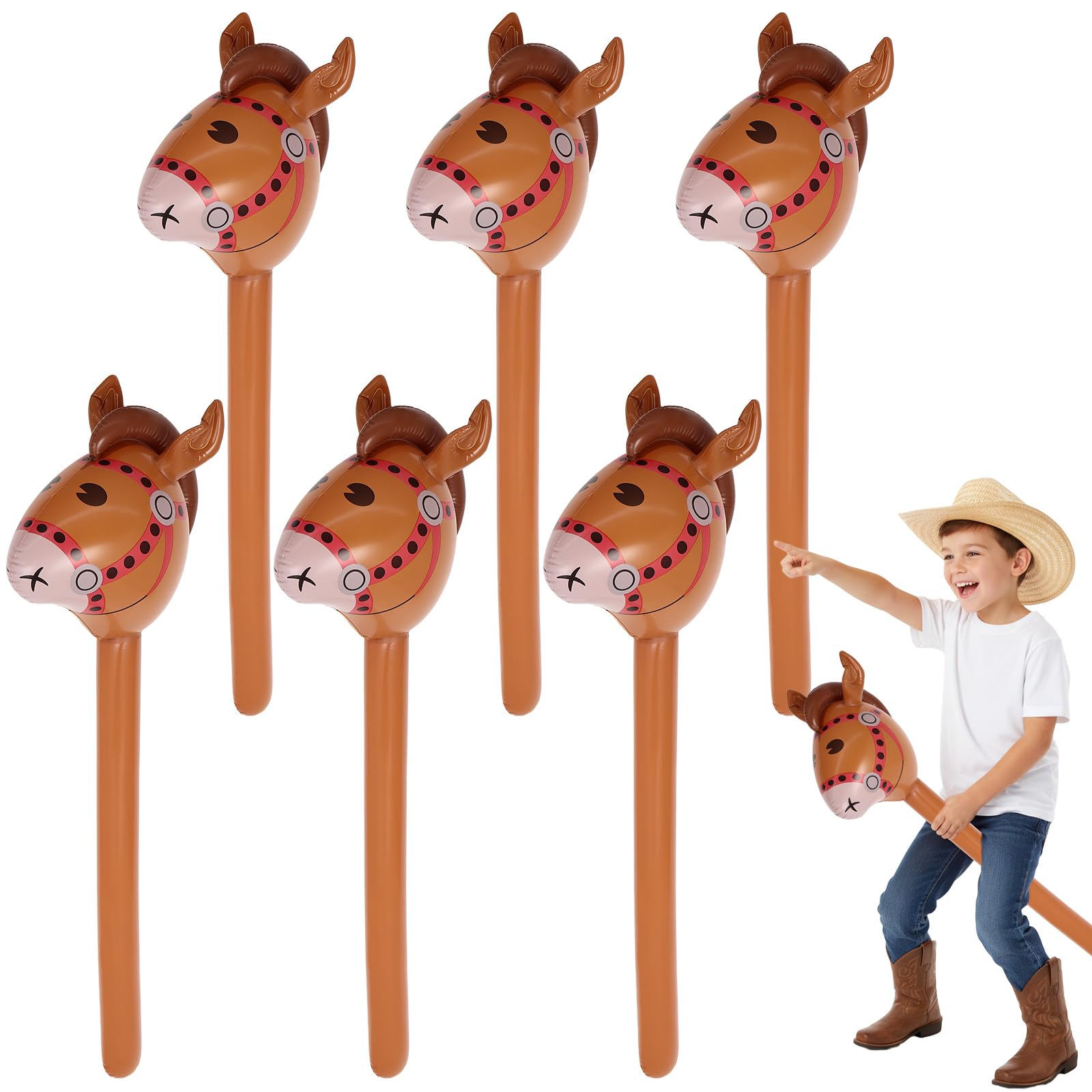 6 Pcs Inflatable Horse Head Balloons, 37 Inch Brown Inflatable Horse Stick Balloons, Pony Stick