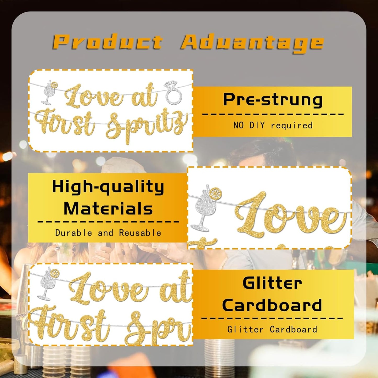 Love At First Spritz Wedding Banner - Bridal Shower Decorations, No Diy, Glitter Just Engaged Spritz Party Banners for Wedding/Engagement/Bachelorette Party Decorations Supplies, Gold.