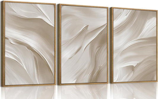 myusuar 3 Piece Large Abstract Framed Wall Art For Living Room, Smoke Texture Ink Beige White Canvas Wall Art Modern Minimalist Art Prints Wall Décor For Bedroom Office 24x36in