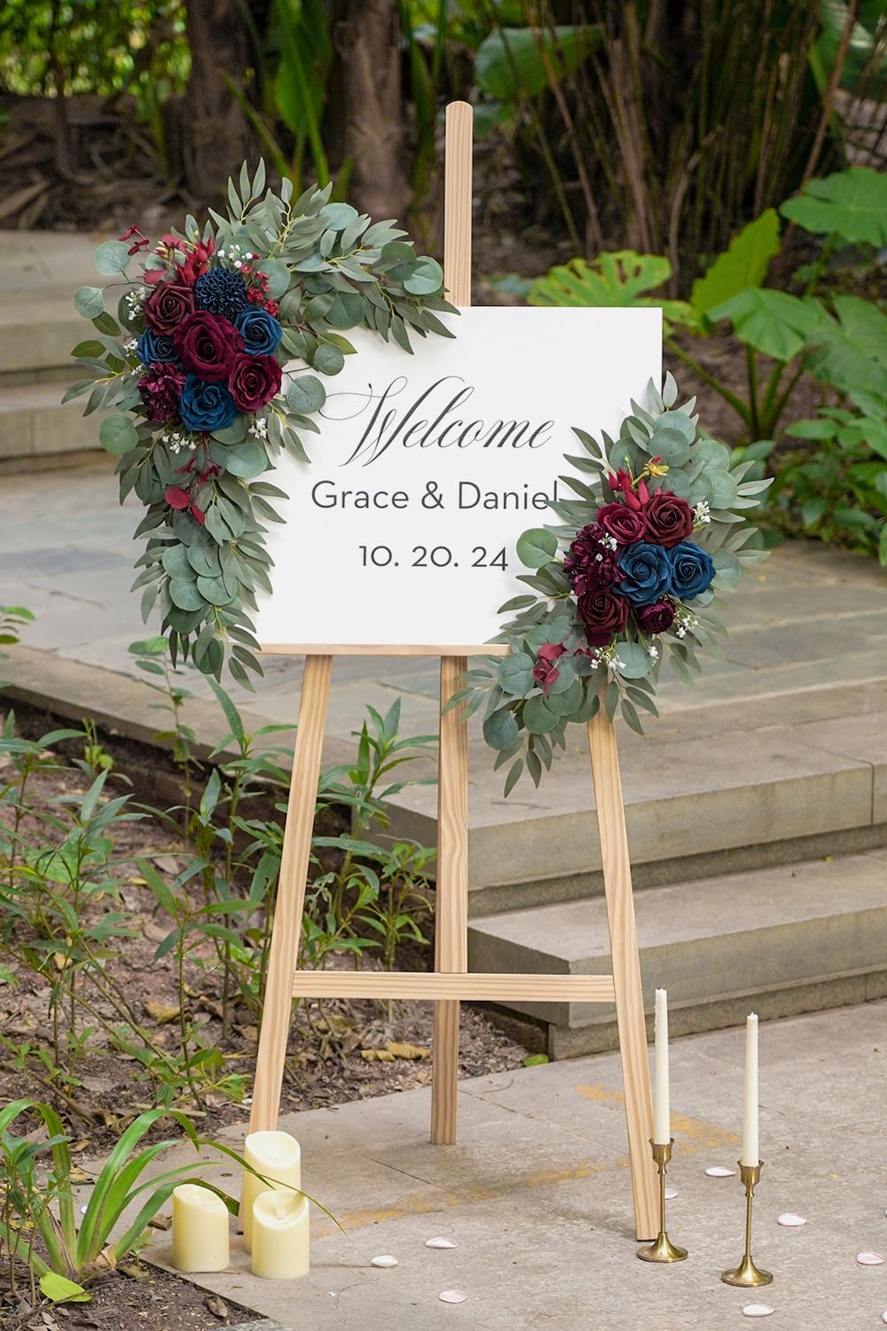 Navy and Burgundy Flower for Wedding Welcome Signs Decorations, Artificial Burgundy Wedding Arch Flowers for Wedding Ceremony (Set of 2)