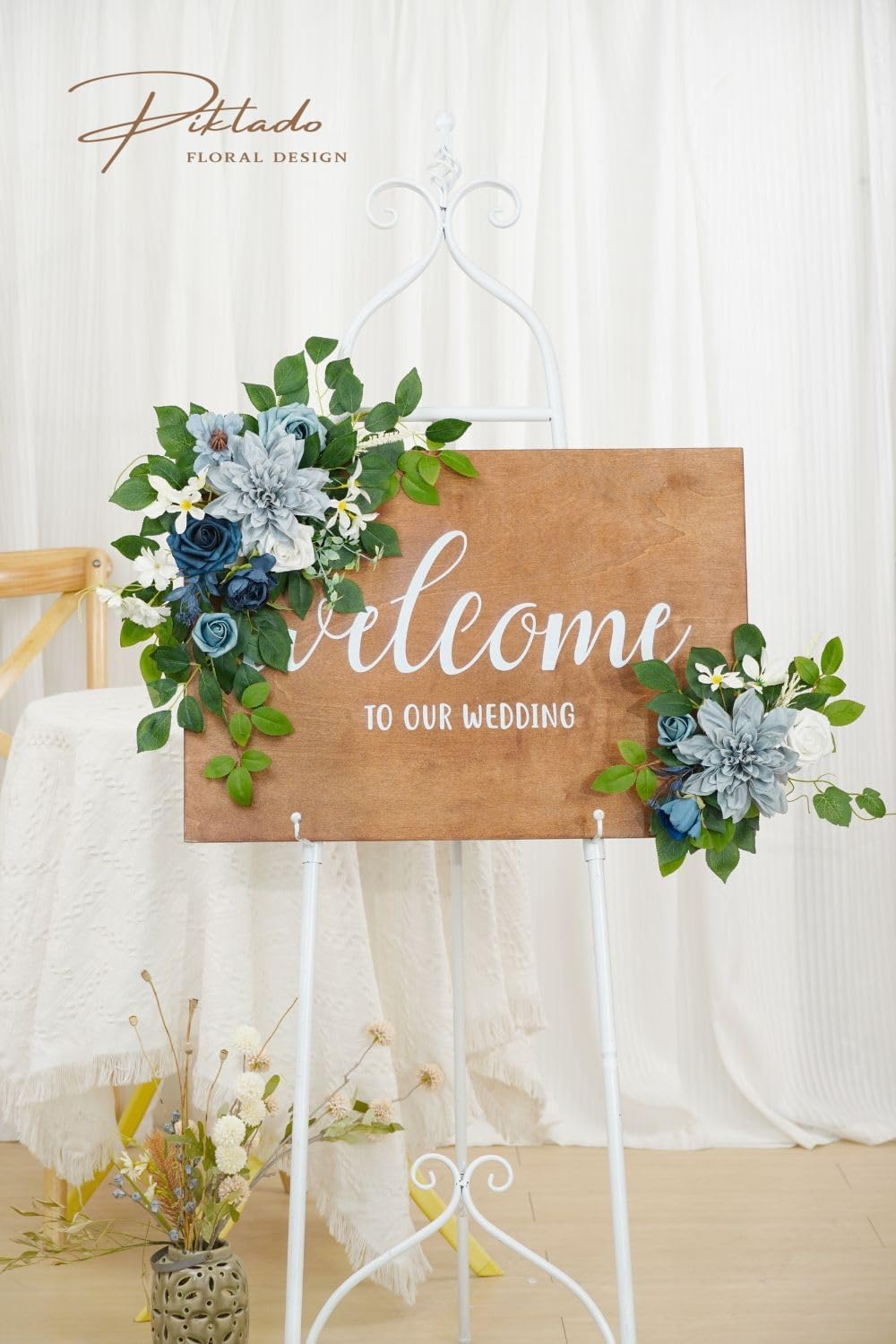 Wedding decor (pack of 2) Welcome Sign Flower Backdrop Garland For Ceremony Reception Wall Easel Home Decoration Entryway Faux Outdoor Board Head Table Decor (Dusty Blue & Navy)