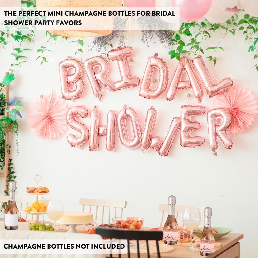 Andaz Press Personalized Mini Wine Bottle Labels, Bridal Shower, Blush Pink Faux Rose Gold Glitter, 20-Pack, Custom Champagne Labels