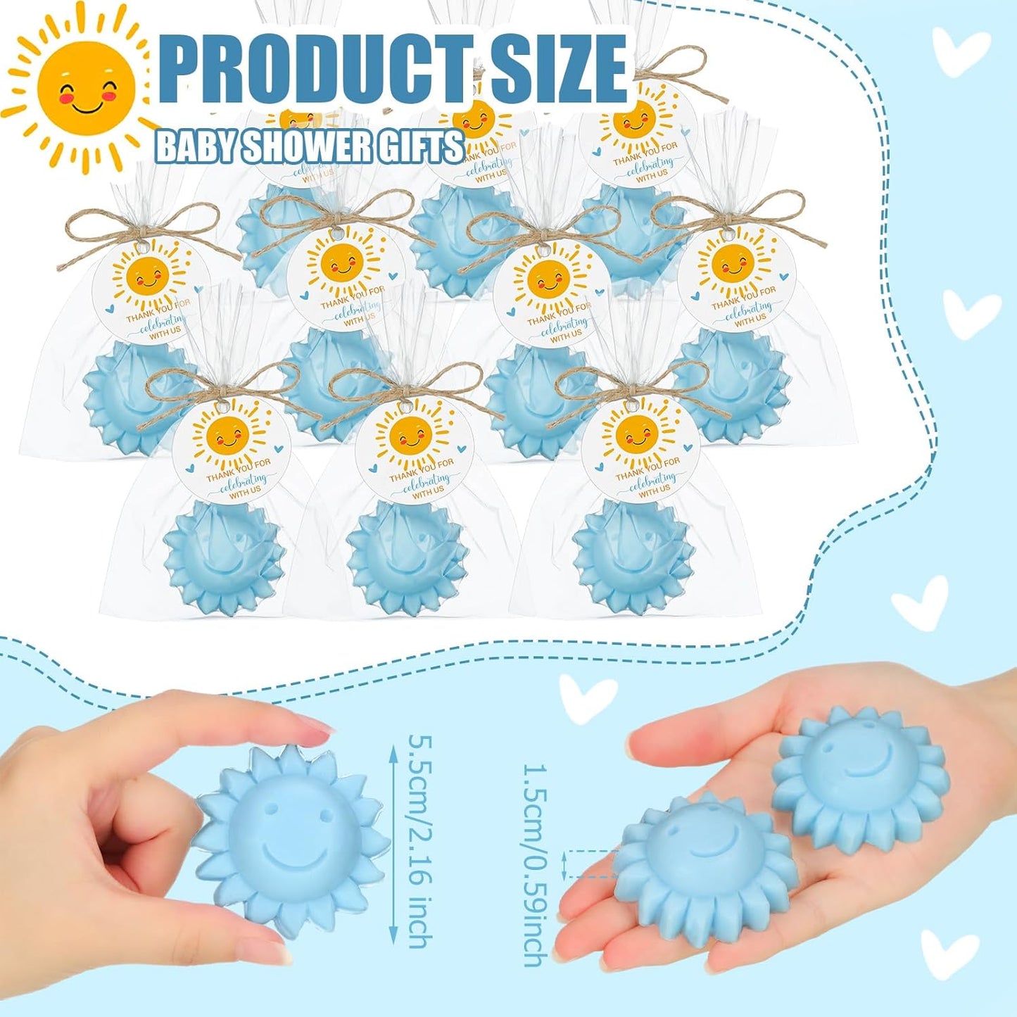 Demissle 20 Pcs Sun Soap Baby Shower Favors for Sunshine Party Here Comes the Son Baby Favors Mini Handmade Soap Gifts with Thank You Card for Guest Gender Reveal Party Decor(Blue)