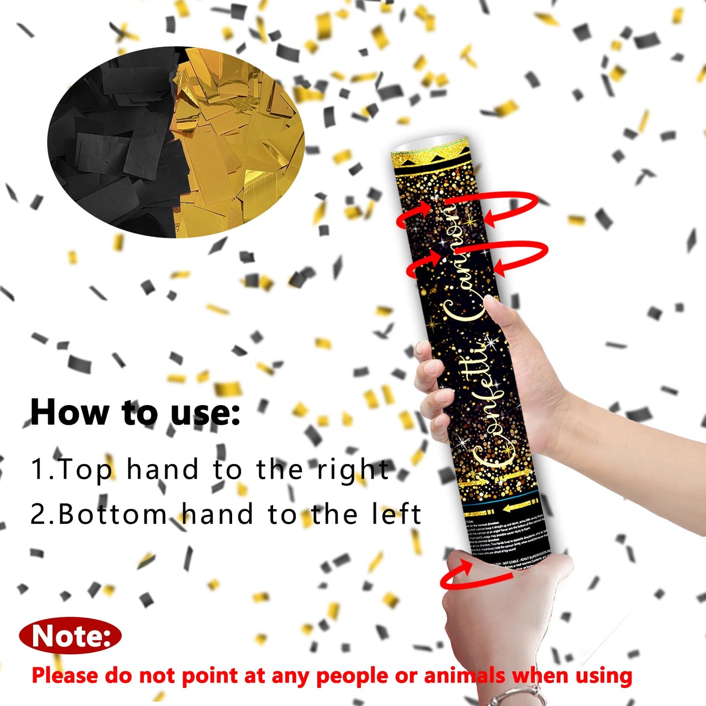 Klyroish 12" Black and Gold Confetti Cannon Party Poppers - 2 Pack