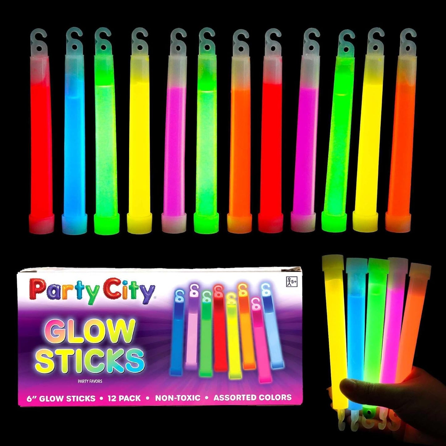 Party City Multicolor Glow Sticks Bulk Pack 6”- 12pk Glow in the Dark Sticks for Kids, Waterproof Camping Survival Ultra Bright Emergency Light Stick with String, Neon Glowsticks Party Supplies Favors