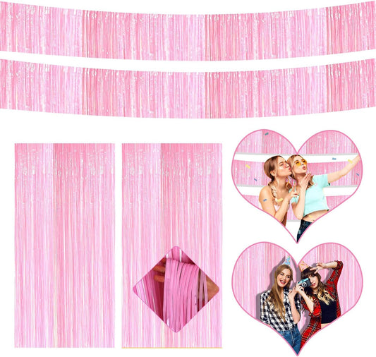 4P Metallic Foil Fringe Tinsel Streamer Banner Table Skirts for Rectangle Tables Backdrop Garland Curtains for Parade Floats Wedding Graduation Anniversary Birthday Parties Decoration (Makaron Pink)