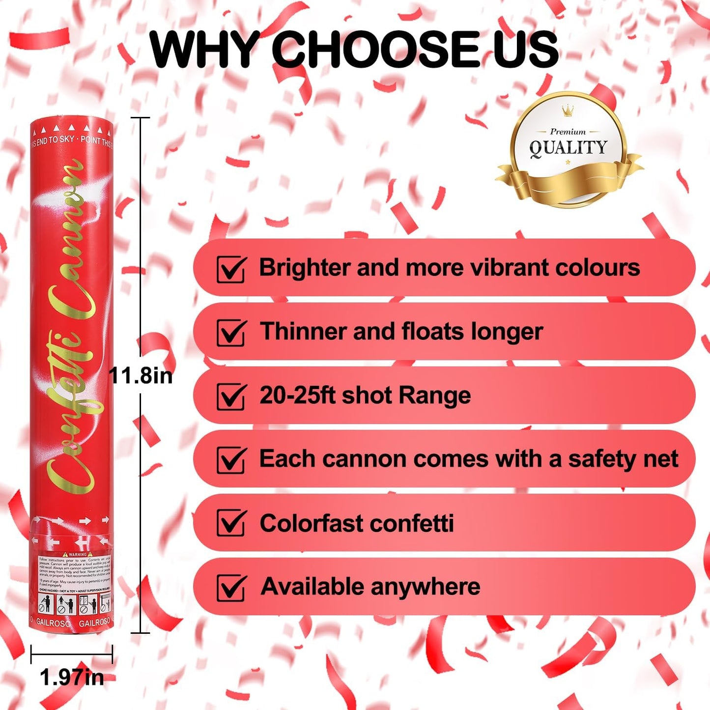 6 Pack Red Confetti Cannon, Party Poppers,12 Inch Confetti Poppers Shooters for Birthdays, Christmas，Graduation Celebration,Weddings, New Year's Eve and Any Celebrations