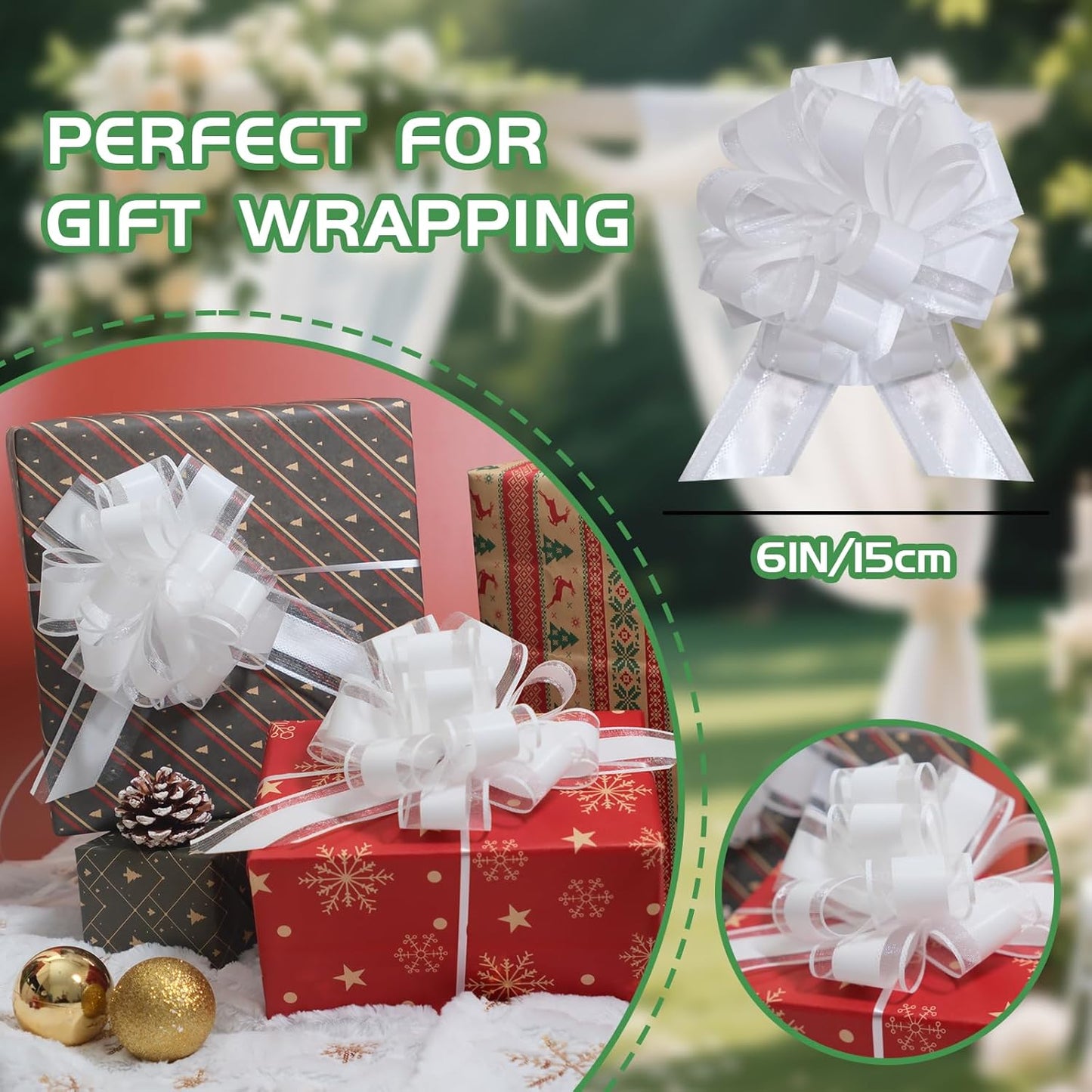 6 Pcs 6 Inch White Pull Bows, Perfect for Gift Wrapping, Weddings, Party Decorations, Crafts Easy-to-Use Ribbon Bows for Gifts and Events