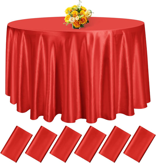 fani 6 Pack 120 Inch Red Satin Tablecloth - Premium Bright Silky Round Tablecloth Overlay Smooth Fabric Table Cover, Table Decoration for Wedding Party Banquet Events Restaurant Kitchen Dining