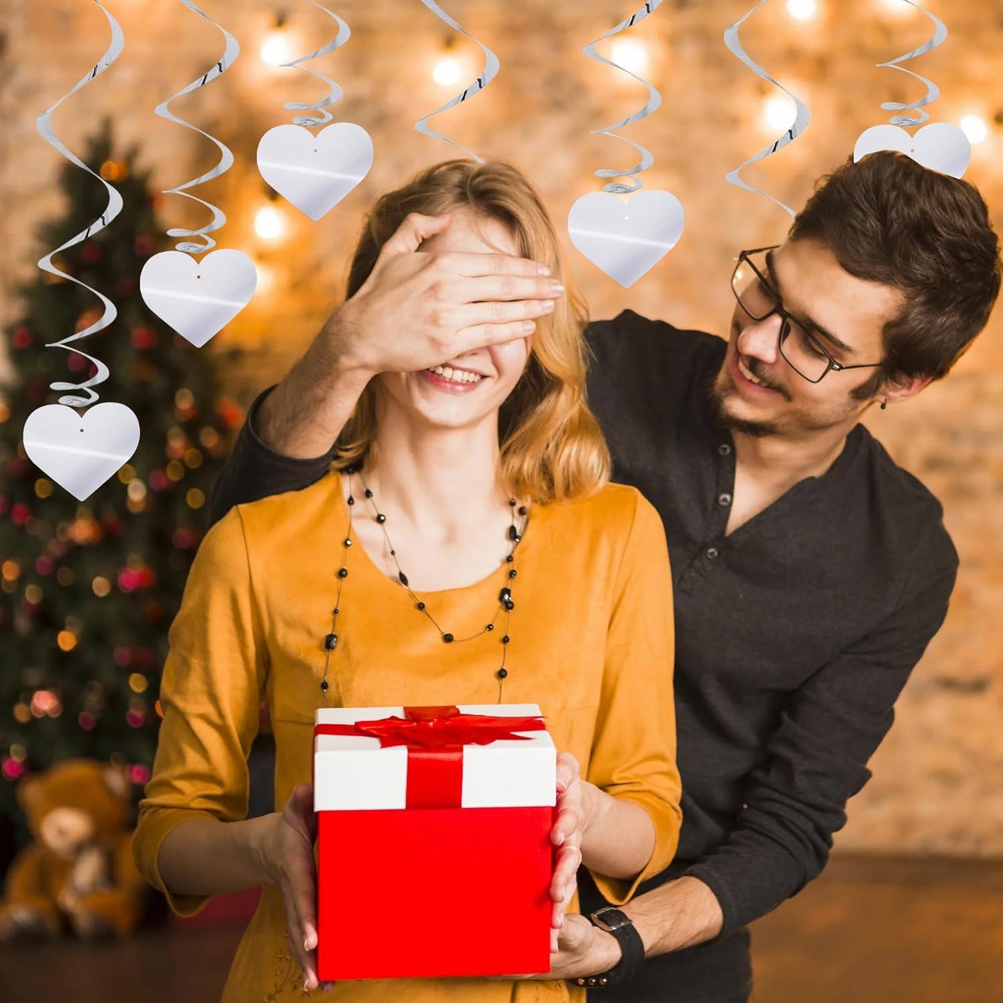 BEISHIDA Happy Valentine's Day Hanging Swirls Valentine's Decorations Silver Heart Hanging Ornament Wedding Anniversary Engagement Proposal Party Supplies Romantic Party Decorations Pack of 15