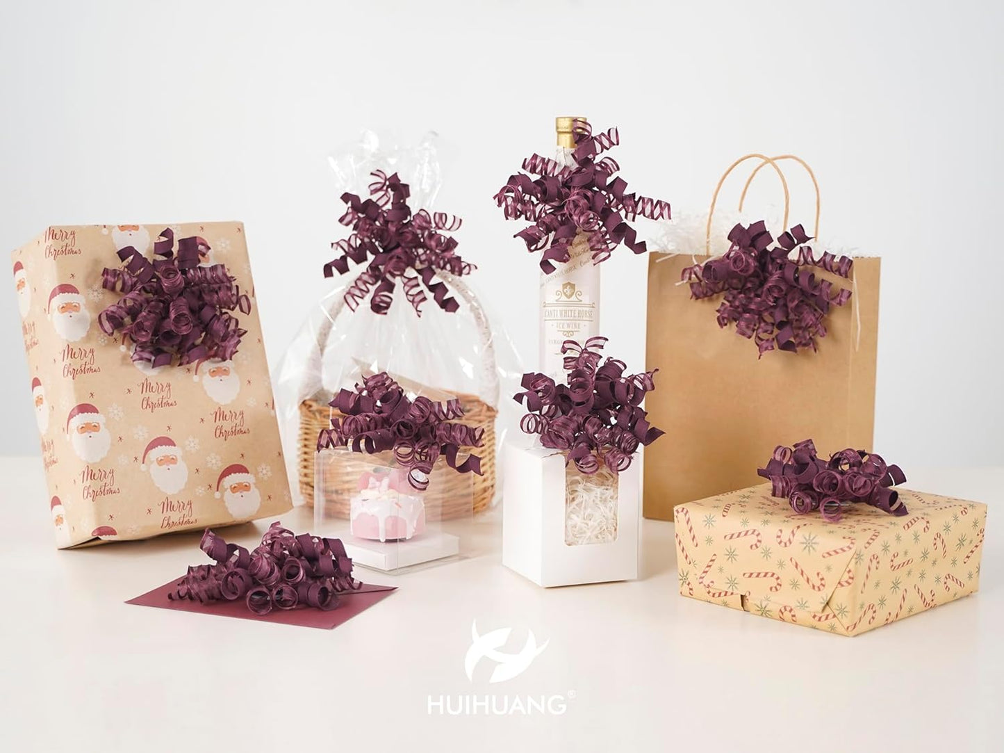 HUIHUANG Christmas Bows for Gift Wrapping Burgundy Curly Gift Bow 5 inch x 8 Counts Wine Red Self-Adhesive Xma Bows for Presents, Paper Bag, Party Favors, Wrapping Accessories