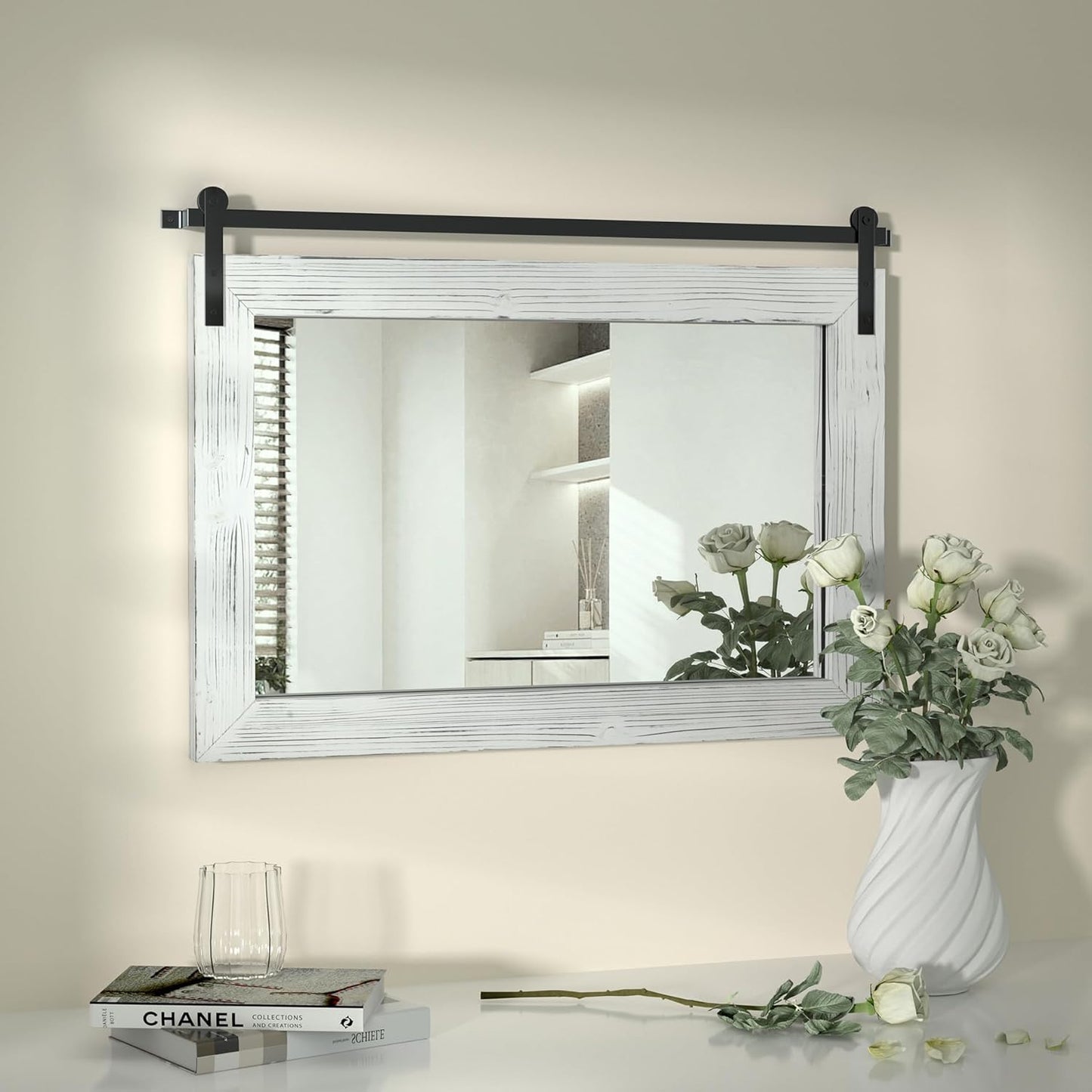 COGOOD Farmhouse Barn Door Mirror - 25 x 18 Rustic Wood Framed Decrative Mirror for Bathroom, Living Room, Entryway Wall Decor (White)