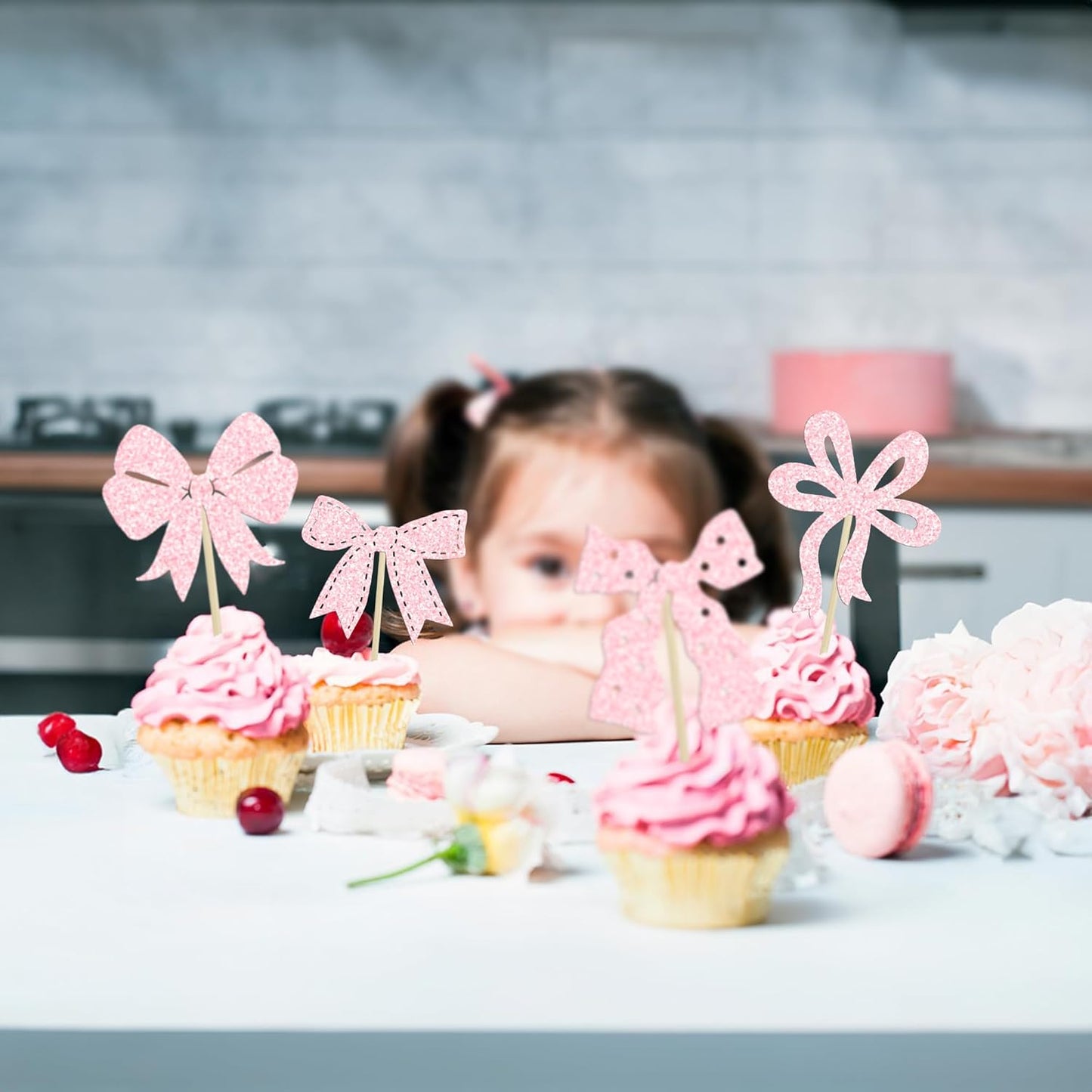 Ephlyn 24Pcs Light Pink Bow Cupcake Toppers - Bowknot Cupcake Decorations for Bridal, Baby Shower, Wedding Themed Party